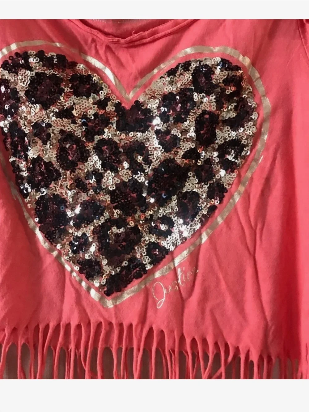Justice Coral Fringe Tee with Leopard Sequin Heart Patch